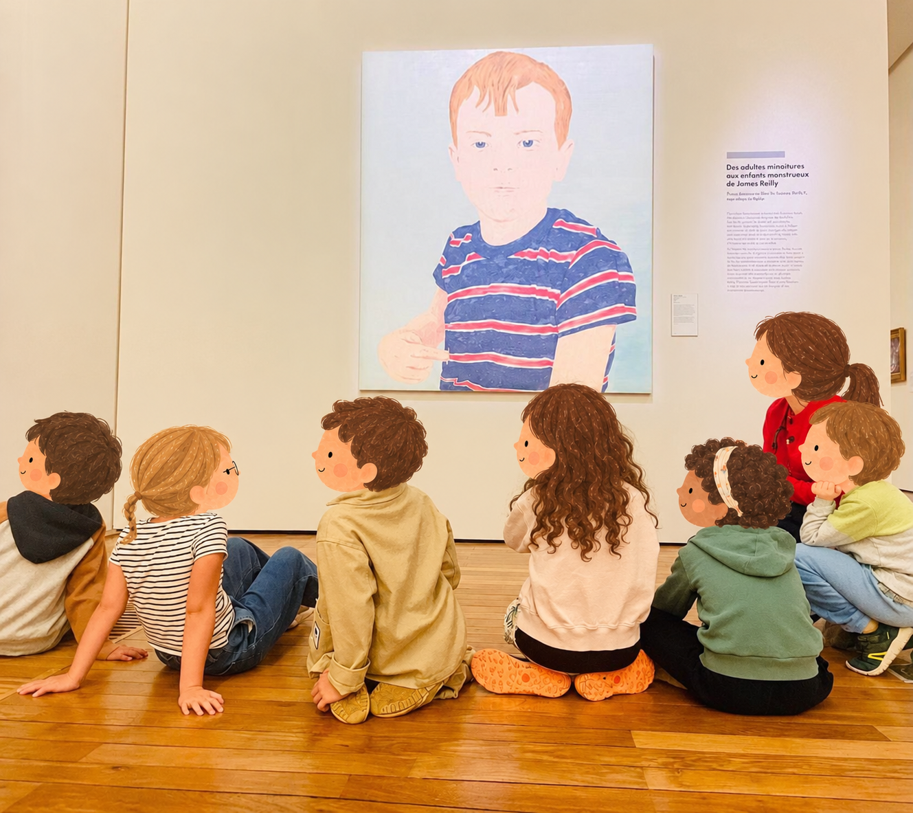 Les Papillons assis dans une salle du musée devant un grand portrait peint.