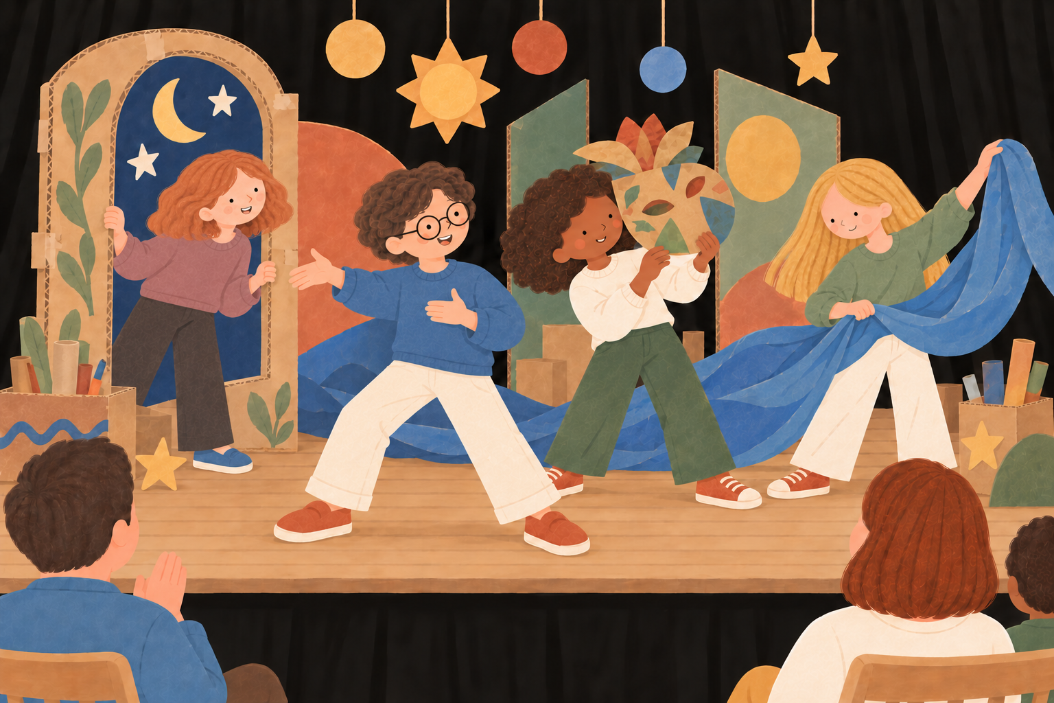 Des adolescents présentent leurs histoires et leurs objets fabriqués devant les familles, dans un décor de théâtre en carton.