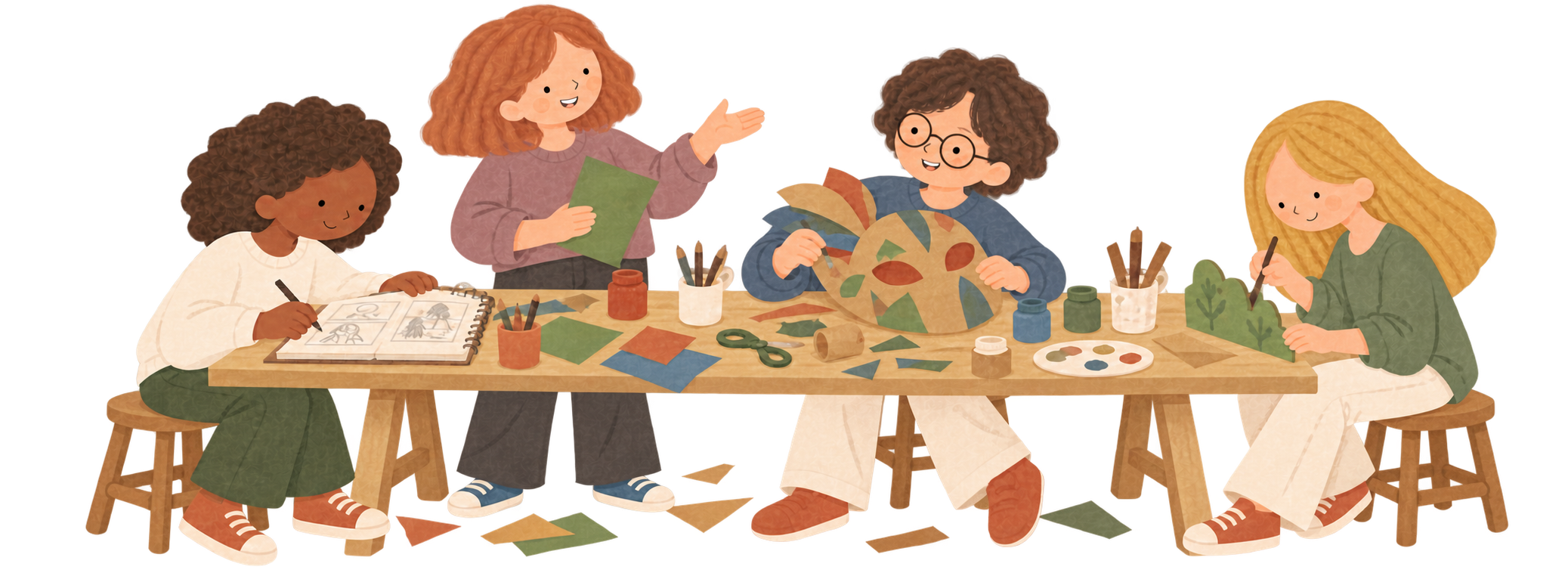 Des adolescents échangent leurs idées, dessinent et fabriquent ensemble un masque et des éléments de décor.