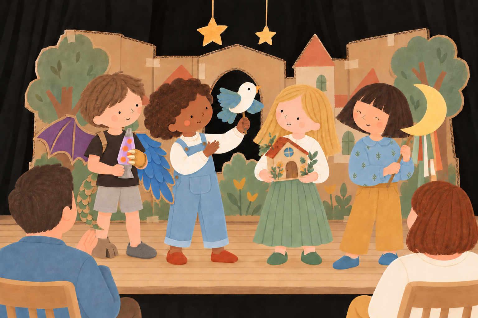 Des enfants présentent leurs histoires et leurs objets fabriqués devant les familles, dans un décor de théâtre en carton.