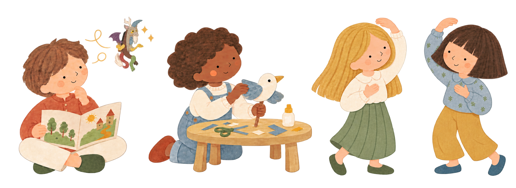 Des enfants imaginent une histoire, fabriquent un oiseau et dansent ensemble.