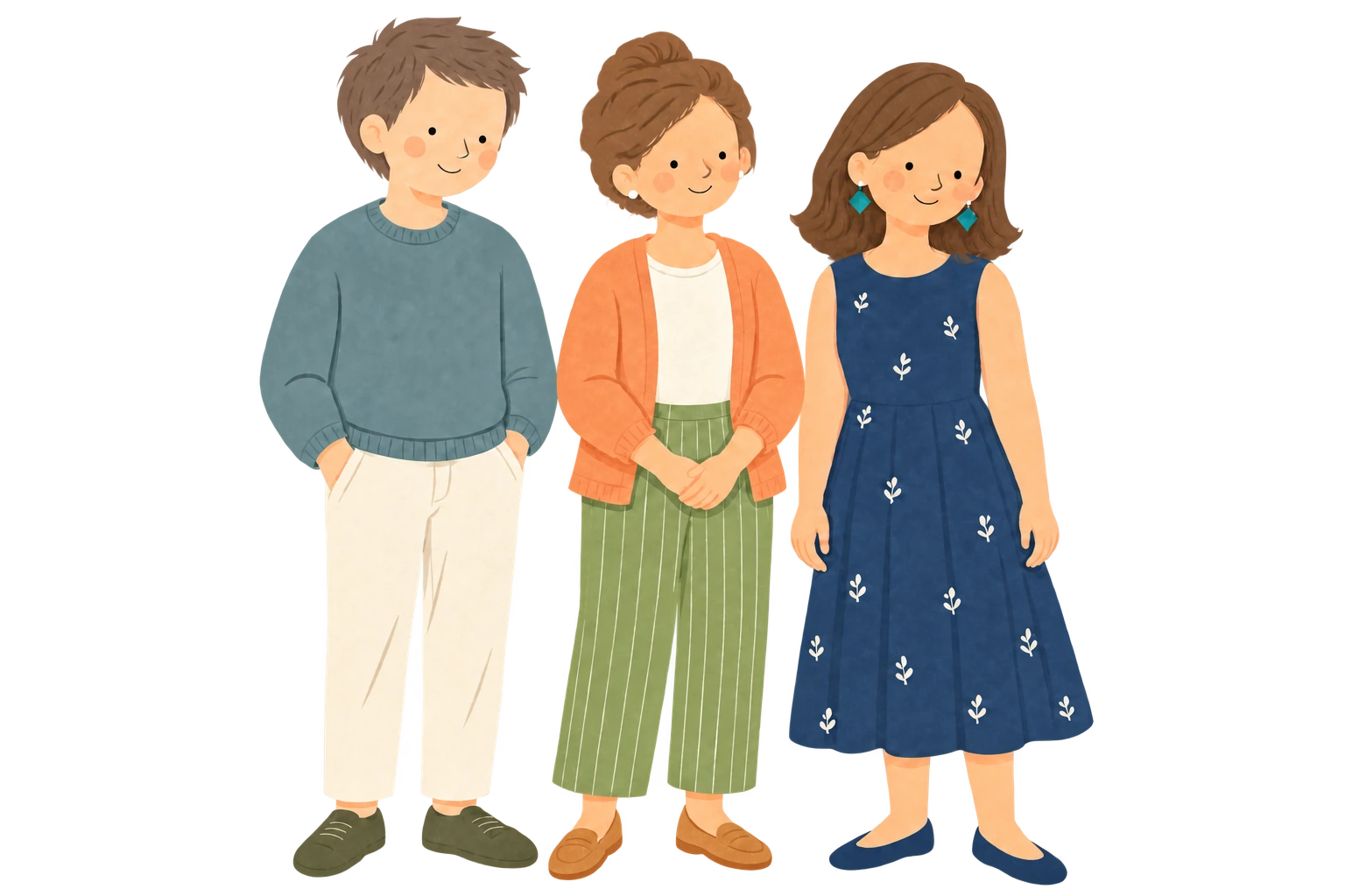 Trois membres d’une équipe éducative côte à côte, dessinés à la gouache.