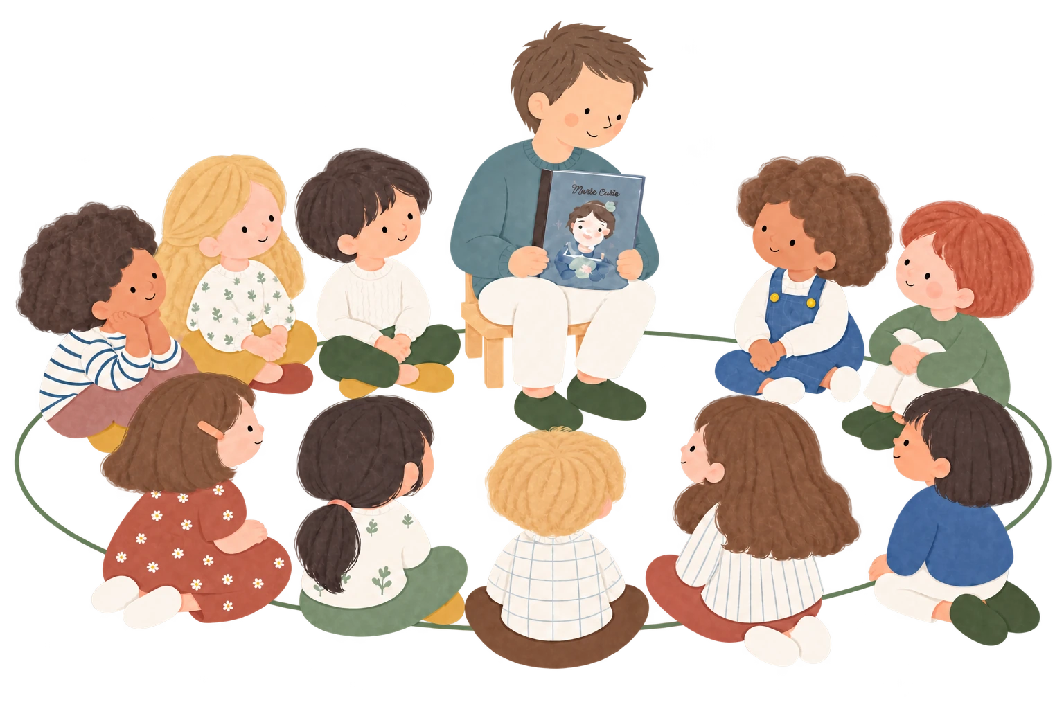 Antoine, assis sur une petite chaise, présente le livre Marie Curie de la collection Petite et Grande à dix enfants en chaussons autour de l’ellipse.