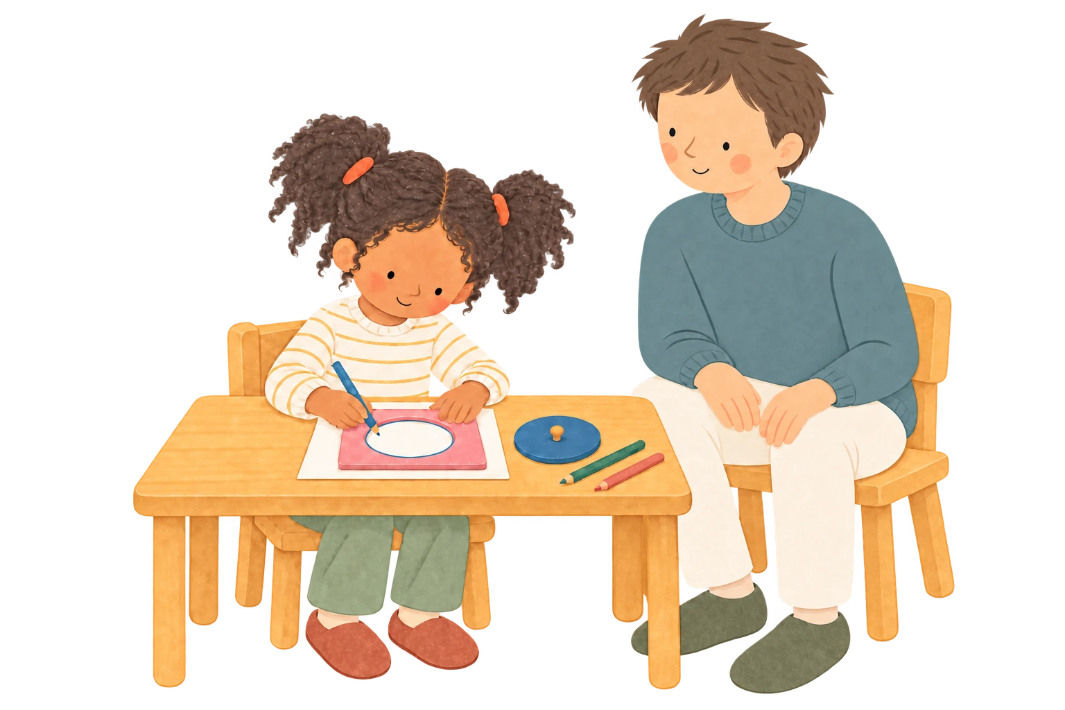 Antoine observe une enfant qui trace une forme à l’aide d’un cadre Montessori, sans intervenir dans son geste.