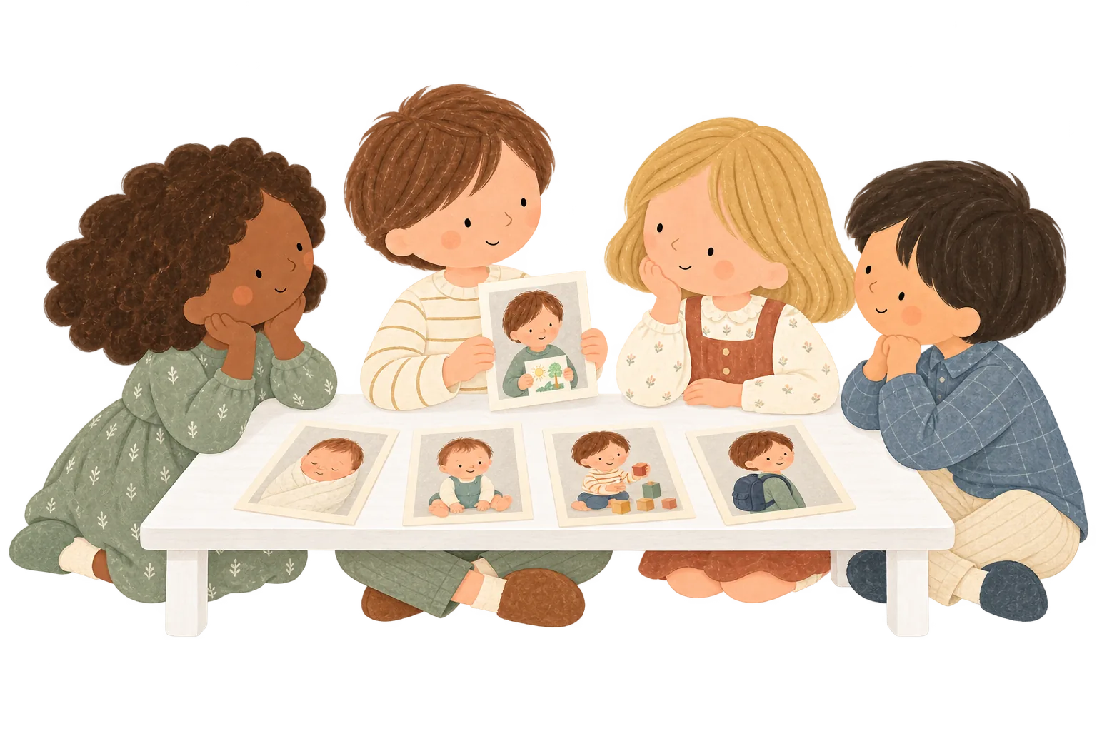 Assis en tailleur ou à genoux autour d’une table blanche très basse, quatre enfants en chaussons regardent les photos présentées par un garçon brun à la peau claire. Les cinq images montrent les étapes de son enfance, du bébé au garçon d’âge scolaire.