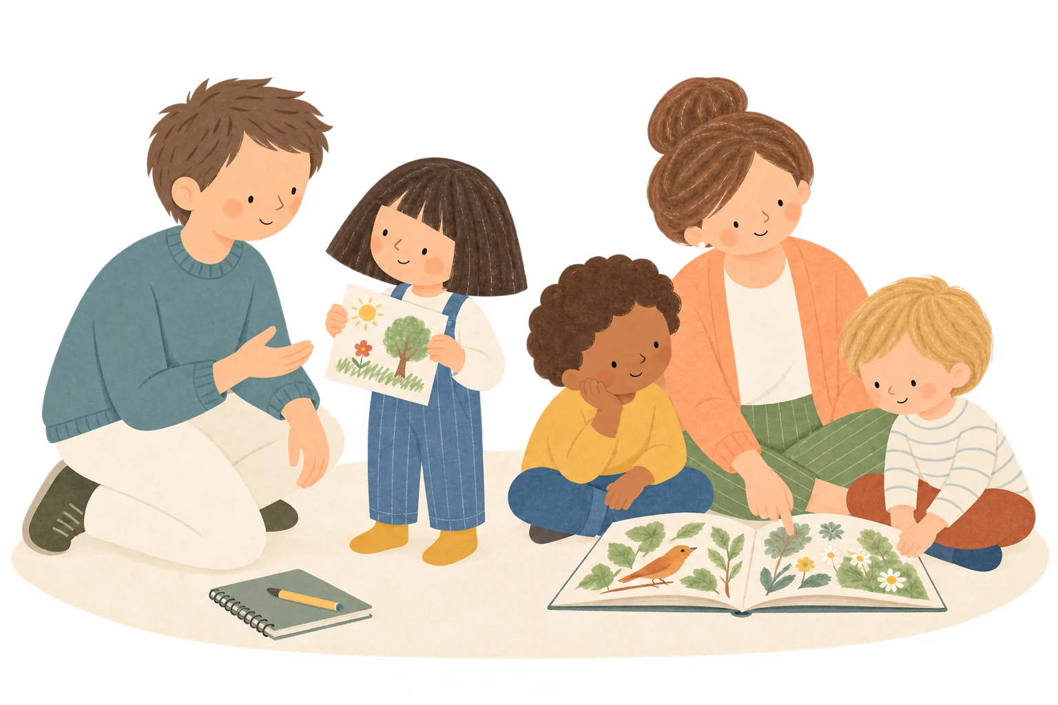 Deux éducateurs accompagnent trois enfants : un échange autour d’un dessin et une découverte partagée d’un livre sur la nature.