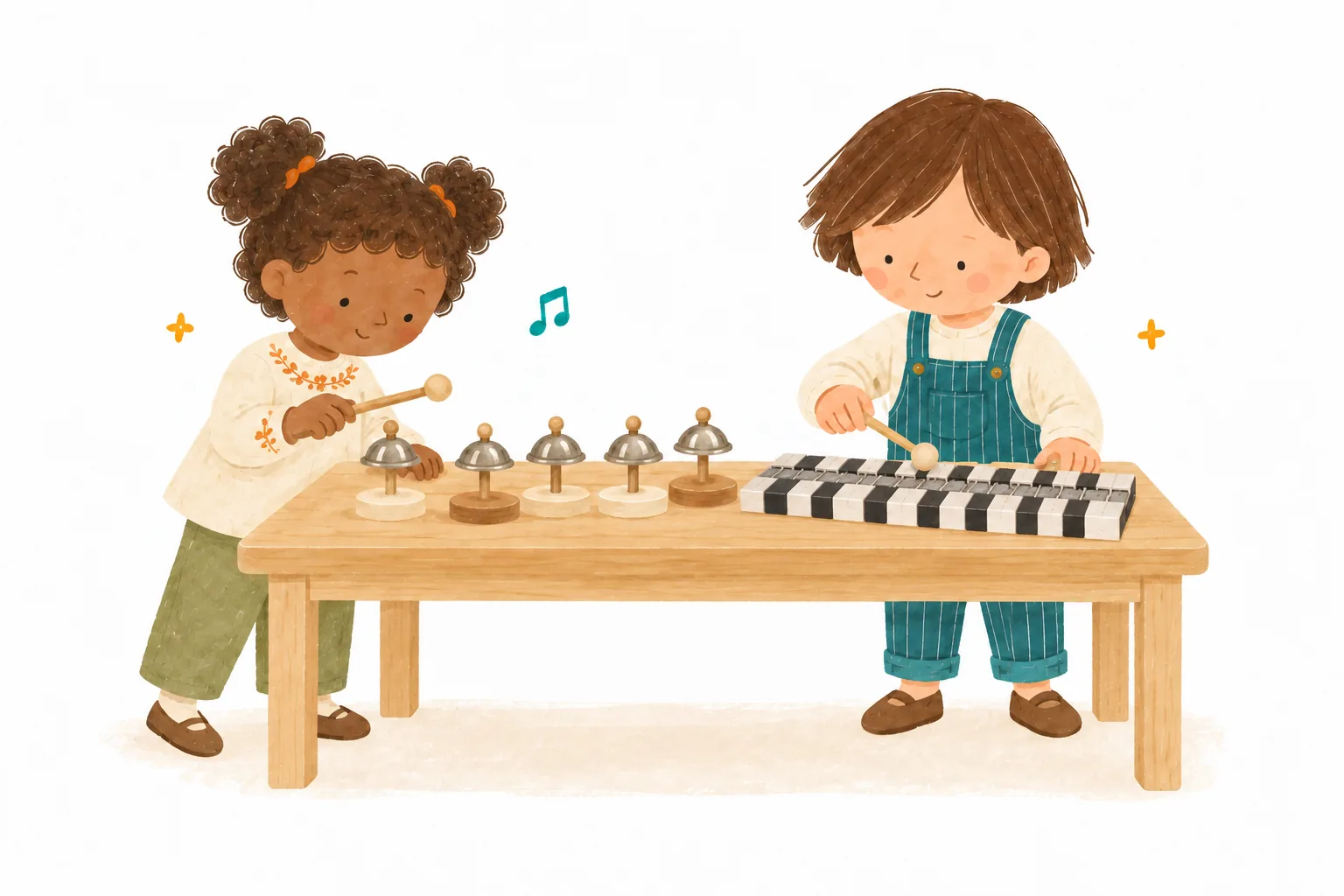 Deux enfants explorent des clochettes Montessori et des barres tonales sur une table en bois, dans une illustration à la gouache.