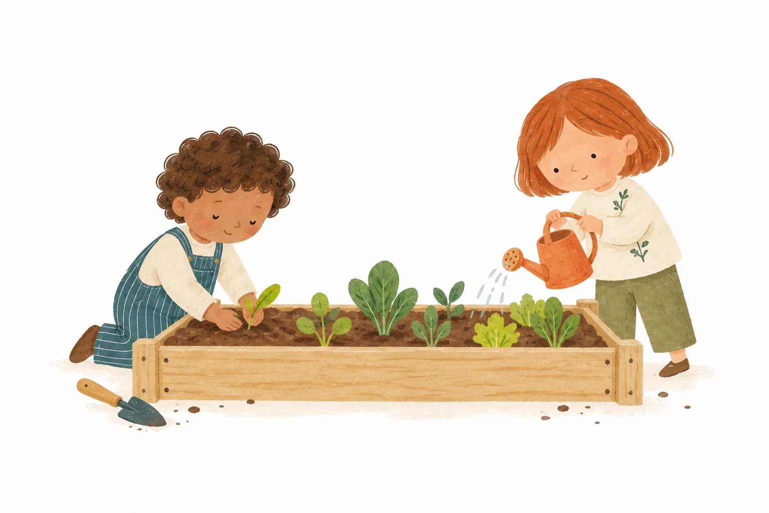 Deux enfants plantent et arrosent un jeune plant dans un bac potager.