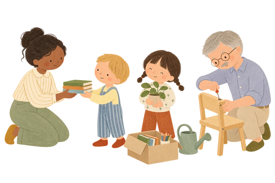 Une adulte transmet des livres à un enfant, une enfant tient une plante et un adulte répare une chaise.