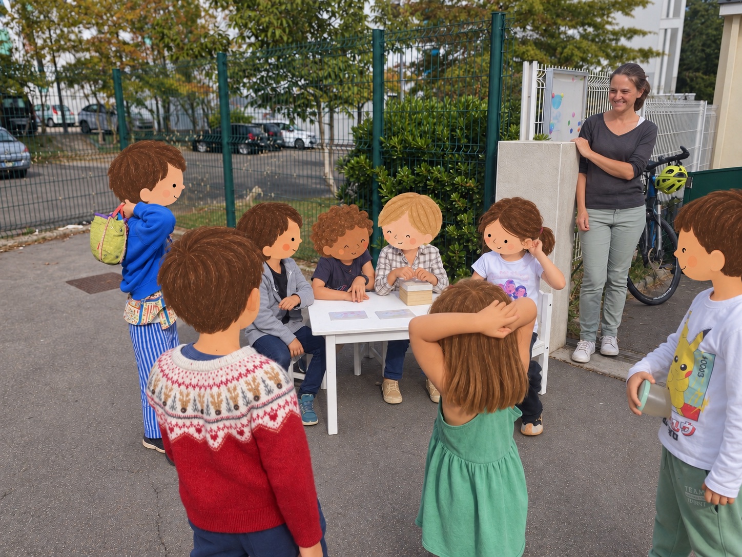 Les enfants réunis autour de la table de vote à la sortie de l’école.