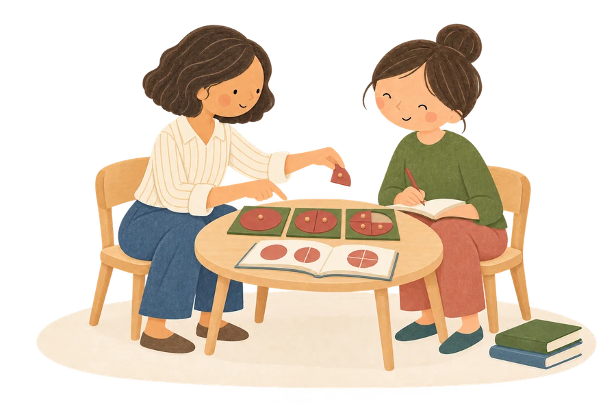 Deux adultes se forment à la pédagogie Montessori : l’une présente le matériel des fractions, l’autre prend des notes.