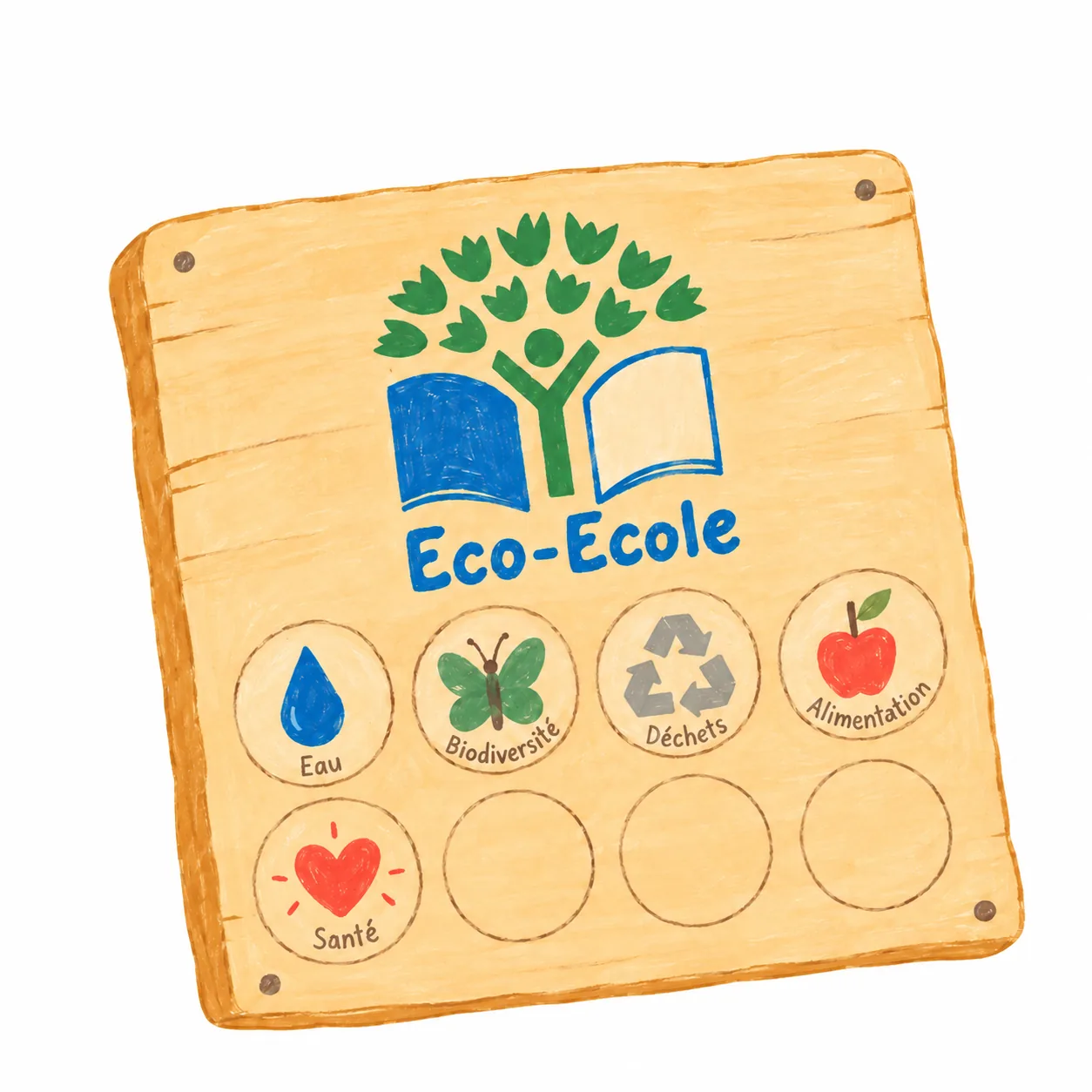 La pancarte en bois Eco-Ecole des Petons avec ses cinq badges : eau, biodiversité, déchets, alimentation et santé.