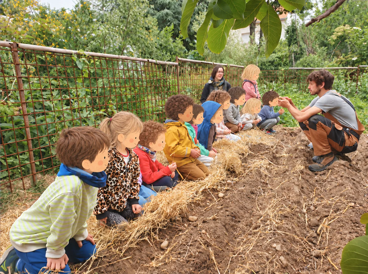 Les enfants écoutent un intervenant dans le potager de la Ferme de Contrevent. Leurs têtes sont dessinées ; les adultes, les corps et le décor restent photographiques.