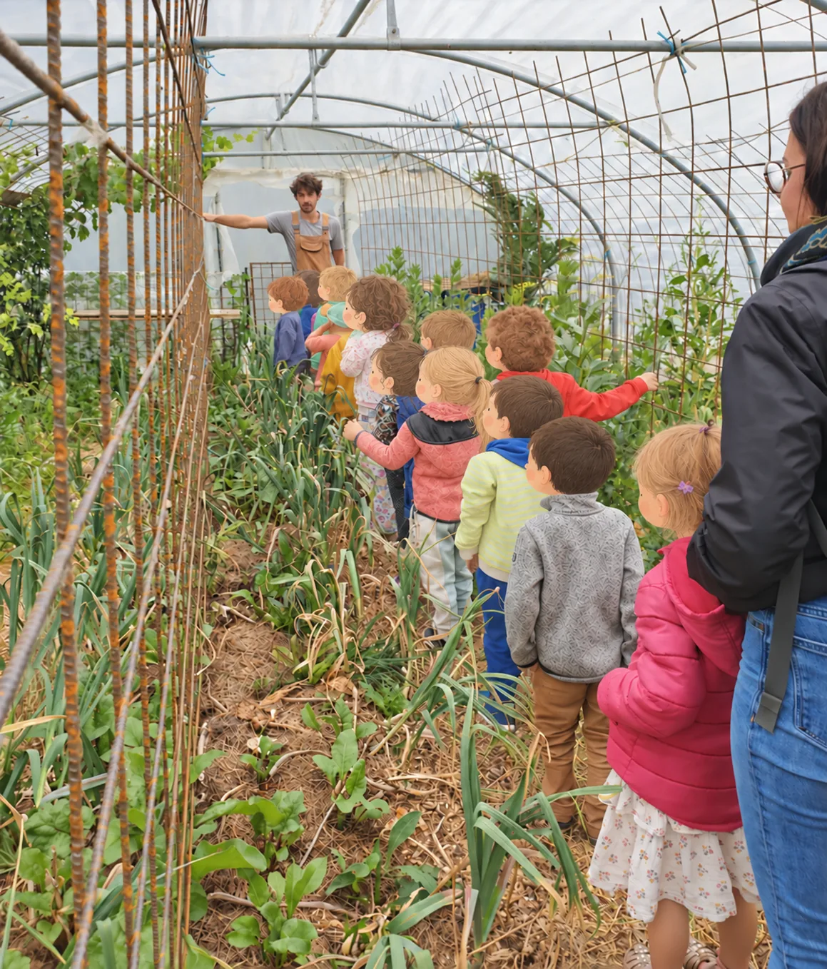 Les enfants visitent la serre avec les adultes. Leurs têtes sont dessinées sur la photographie de la visite.