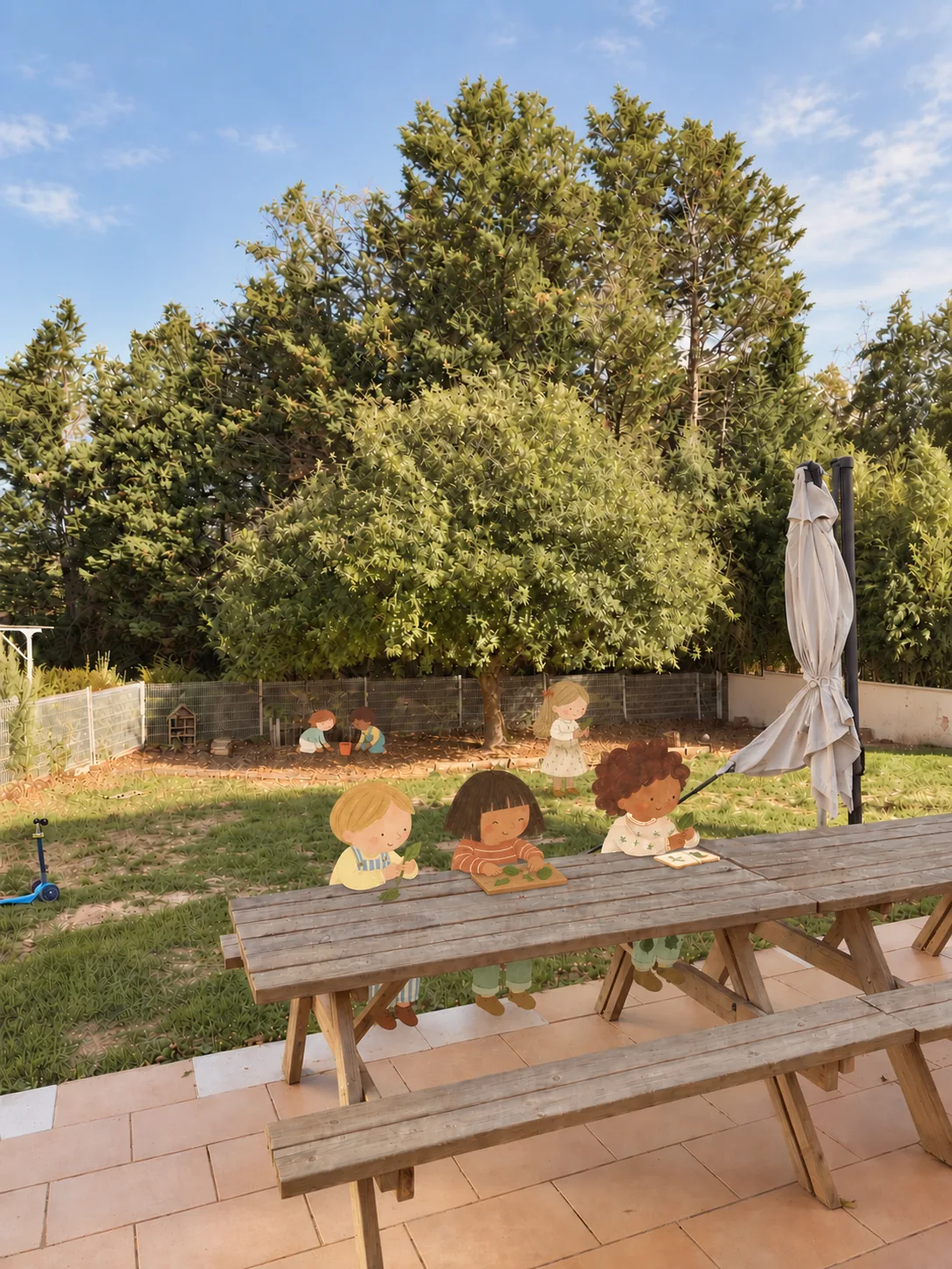 Le jardin arboré de l’école et sa grande table, avec des enfants illustrés.