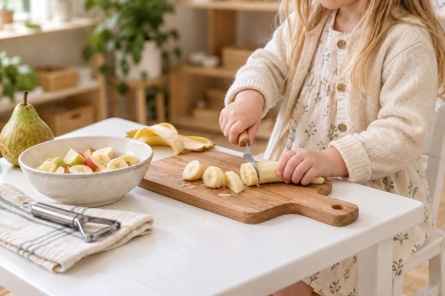 Scène photographique créée pour la maquette : les mains d’une petite fille découpent une banane en morceaux irréguliers sur une planche, à côté d’un saladier de fruits ; son visage est hors champ.