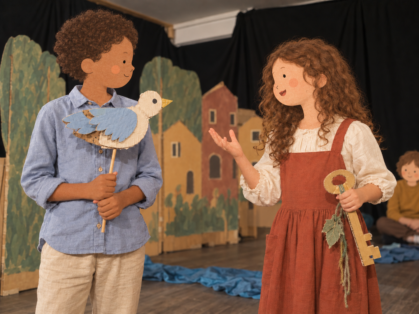 Deux enfants jouent une scène avec un oiseau et une clé fabriqués en carton.