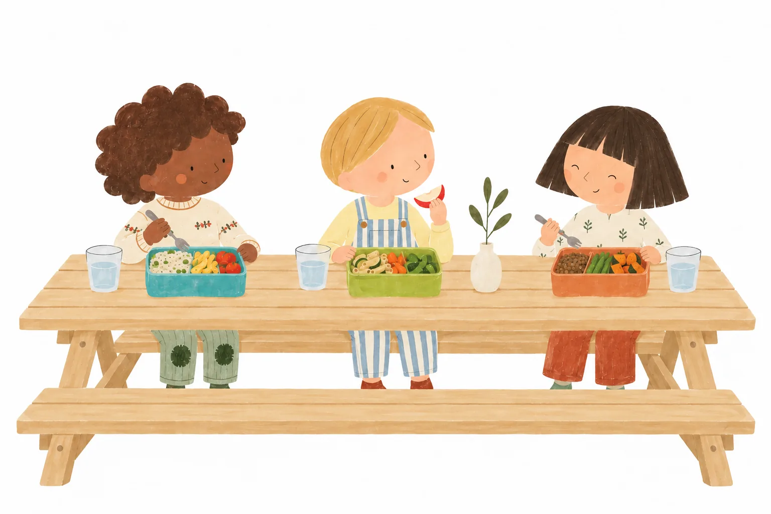 Trois enfants partagent leur repas fait maison, avec leurs lunchboxes, à une table de pique-nique en bois.