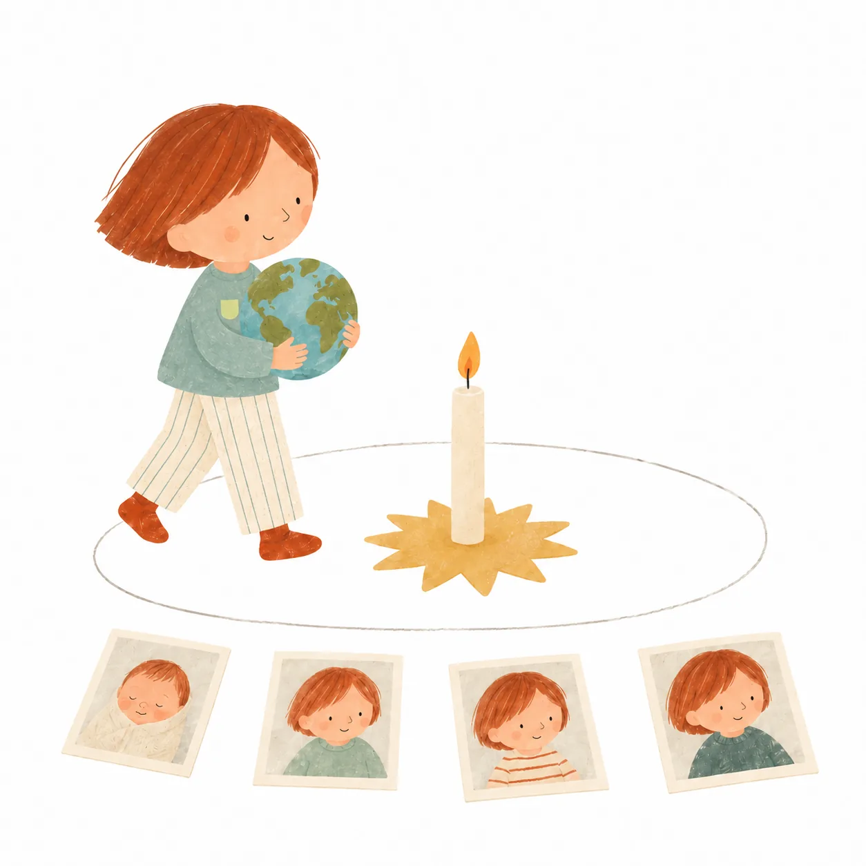 Un anniversaire Montessori : un enfant porte un globe autour d’une bougie, avec les photos de ses différentes années disposées à côté.