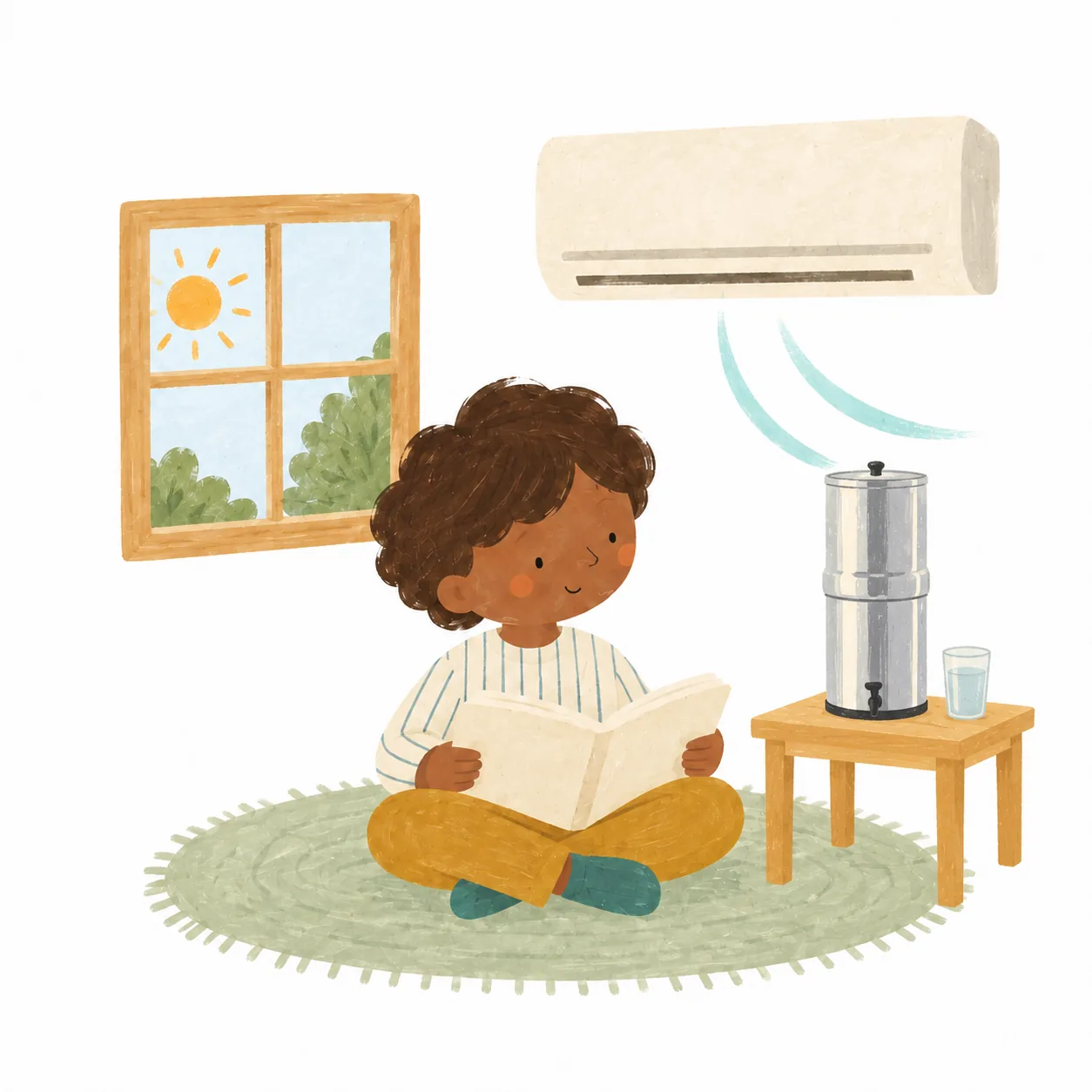 Un enfant lit paisiblement près d’une fenêtre ensoleillée, sous une climatisation ; à côté de lui, une fontaine filtrante Berkey et un verre sont posés sur une petite table en bois.