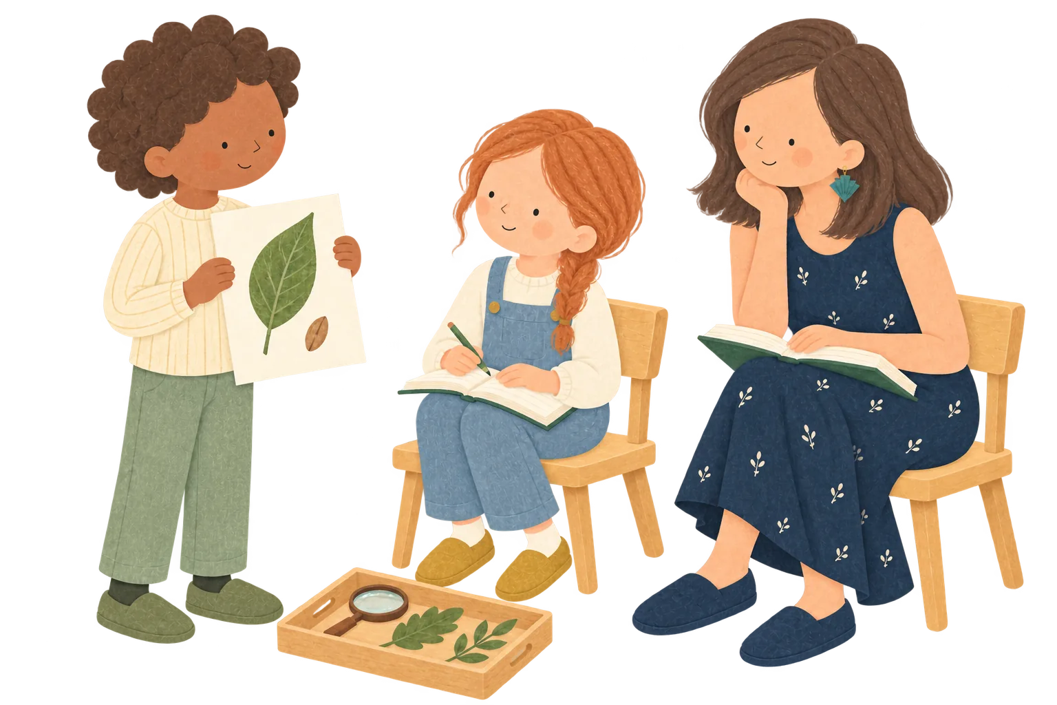 Un enfant présente une recherche sur les feuilles à une camarade et à Pauline, qui l’écoutent et prennent des notes.