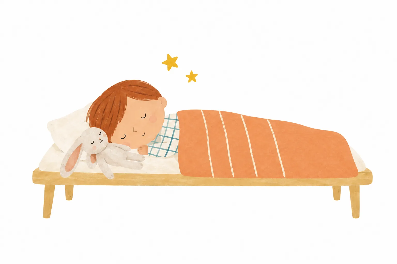 Un enfant fait la sieste sur un petit lit bas, sous une couverture légère, près de son doudou.