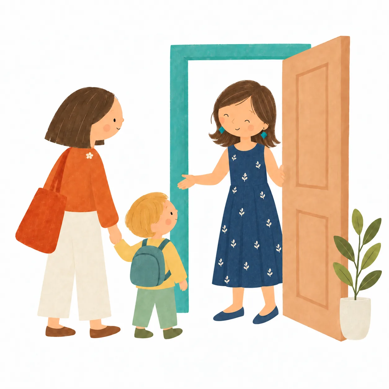 La porte de l’école ouverte, une éducatrice accueille un parent et son enfant.