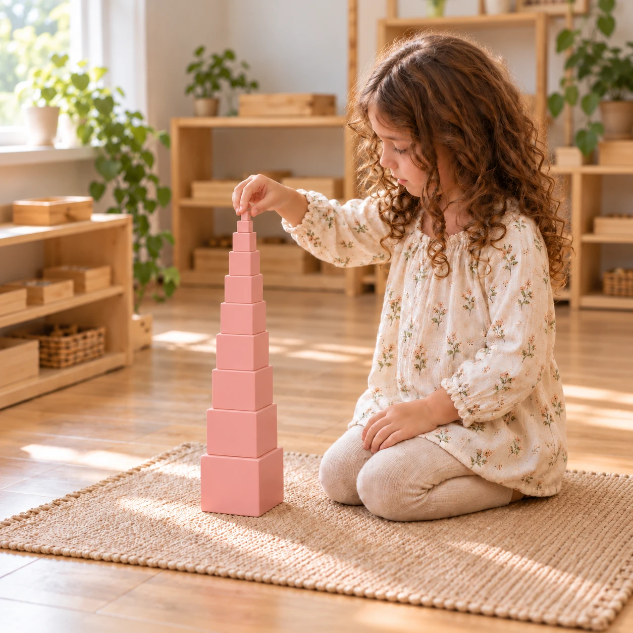 Une enfant à genoux construit la tour rose Montessori sur un tapis au sol, dans une ambiance lumineuse.