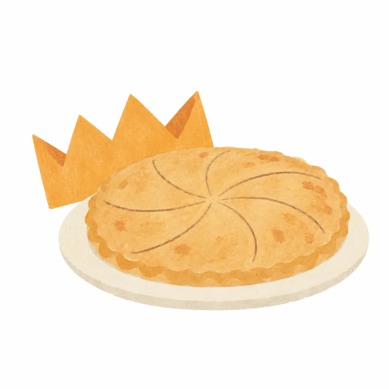 Une galette dorée finement dessinée, accompagnée d’une couronne en papier.