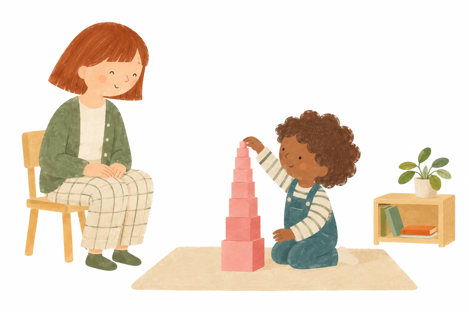 Une maman observe son enfant construire la tour rose Montessori sur un petit tapis.