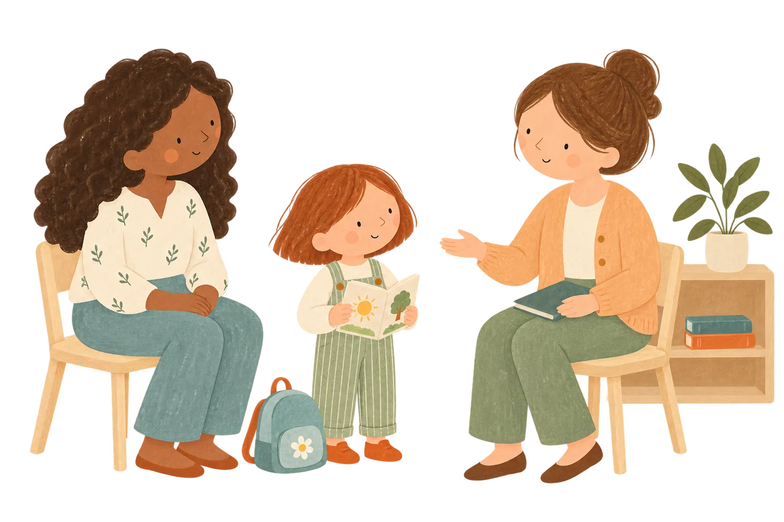 Une mère et sa fille rencontrent une éducatrice : un premier échange calme, à hauteur d’enfant.