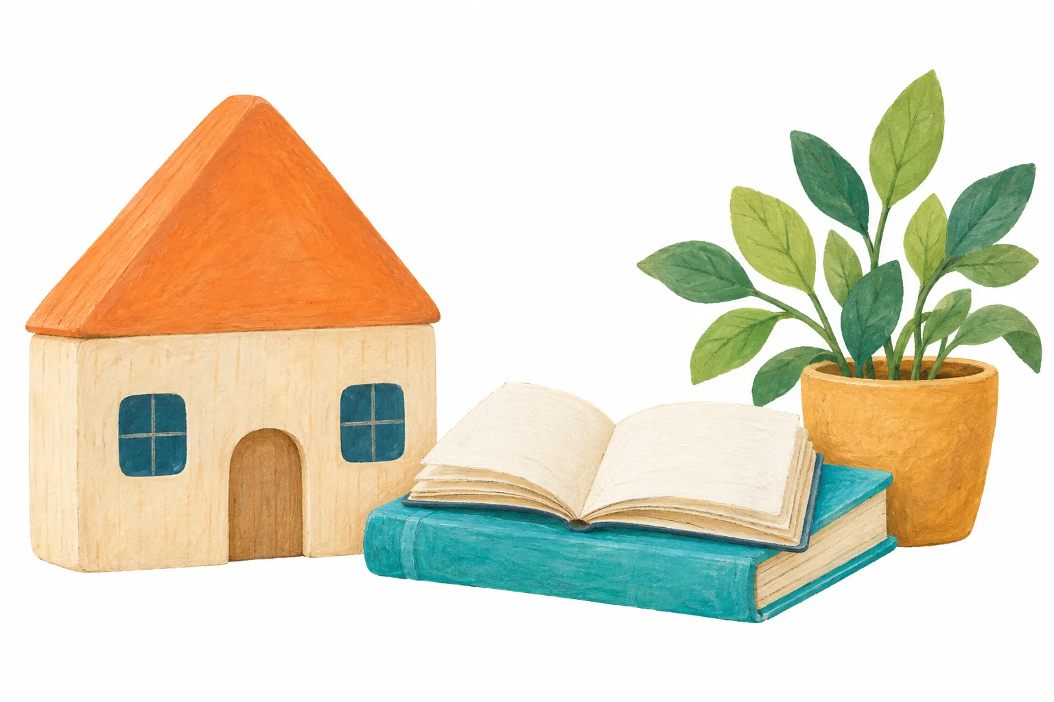 Une petite maison en bois, des livres et une plante, dessinés à la gouache.